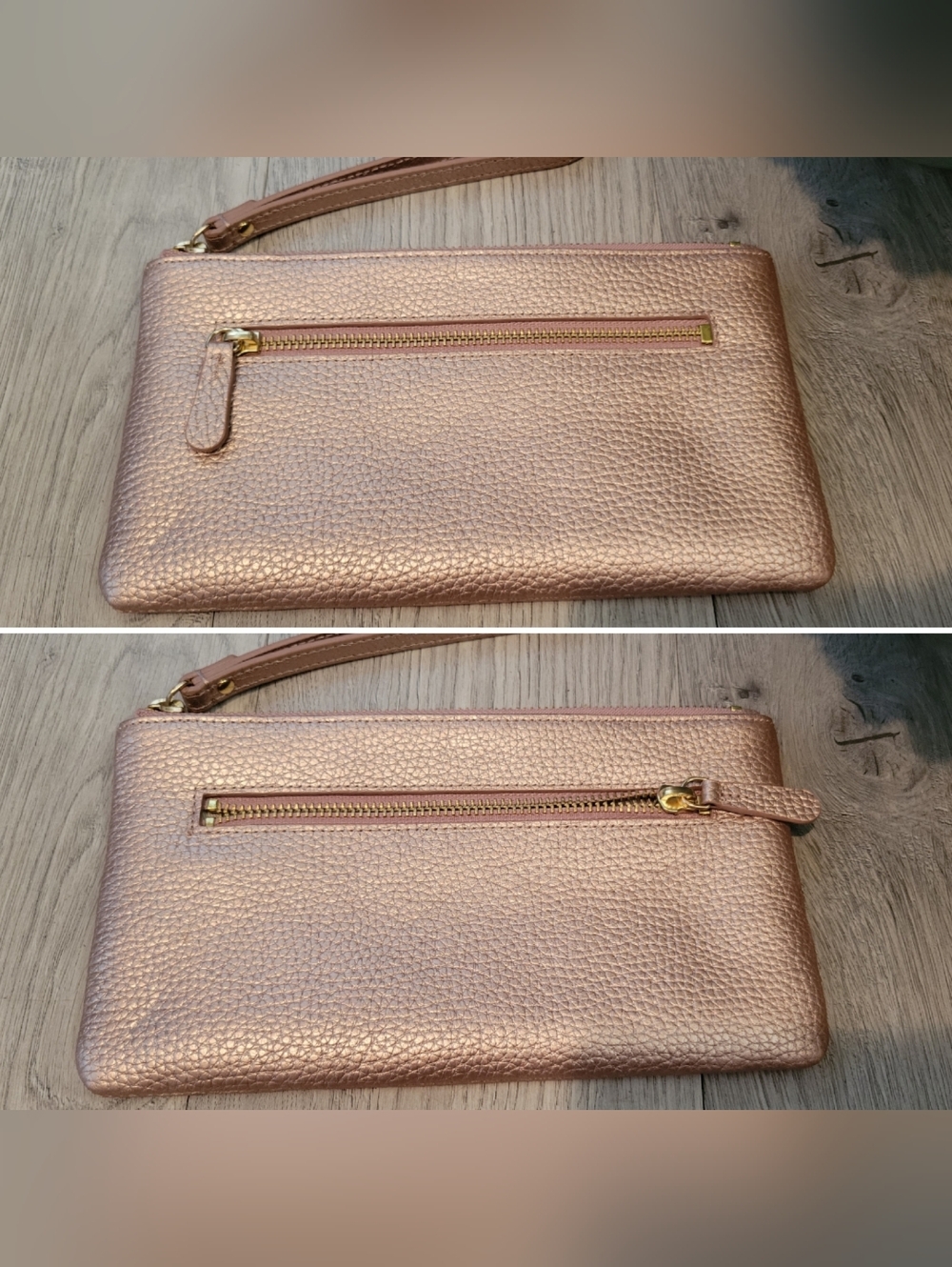 14th & Union Metallic Rose Gold Pebble Leather Wristlet Gold Accents, 8.5"x4.5" - Picture 12 of 15